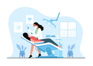 Female dentist doing dental work for customers in a medical clinic. Patient Lying in Medical Chair in dental practice room and dentist doing operating. Flat vector cartoon illustration